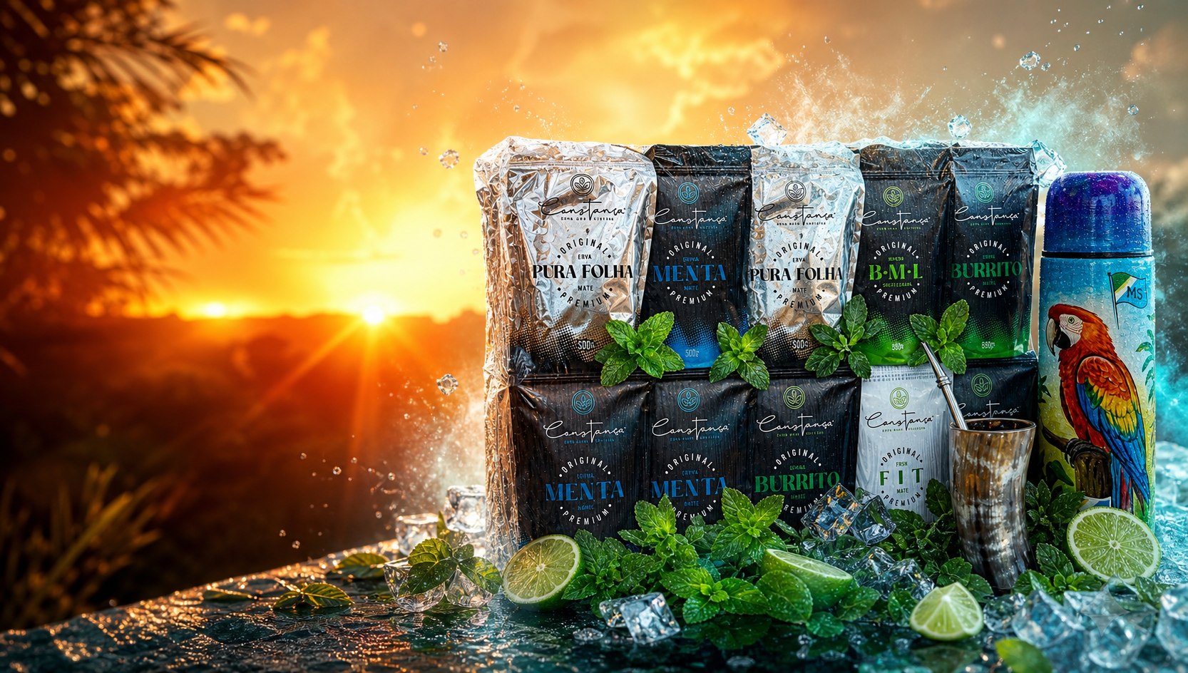 Fardo de Erva-Mate Constança em uma cena refrescante com gelo, hortelã e limão ao pôr do sol